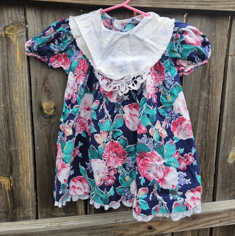 VTG 80s/90s girls 4T Easter dress COTTAGECORE PRARIE Floral Lace fairy peterpan